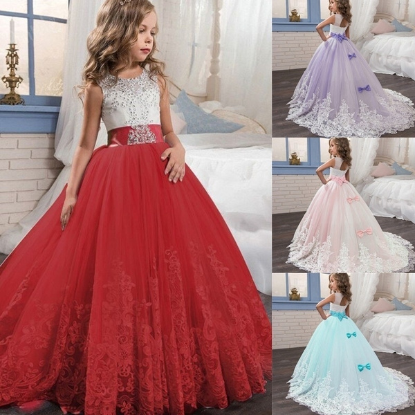 YWDJ Toddler Girls Dress 5-14T Net Yarn Embroidery Flowers Mesh Bowknot  Birthday Party Gown Long Dresses Red 11-12Years - Walmart.com